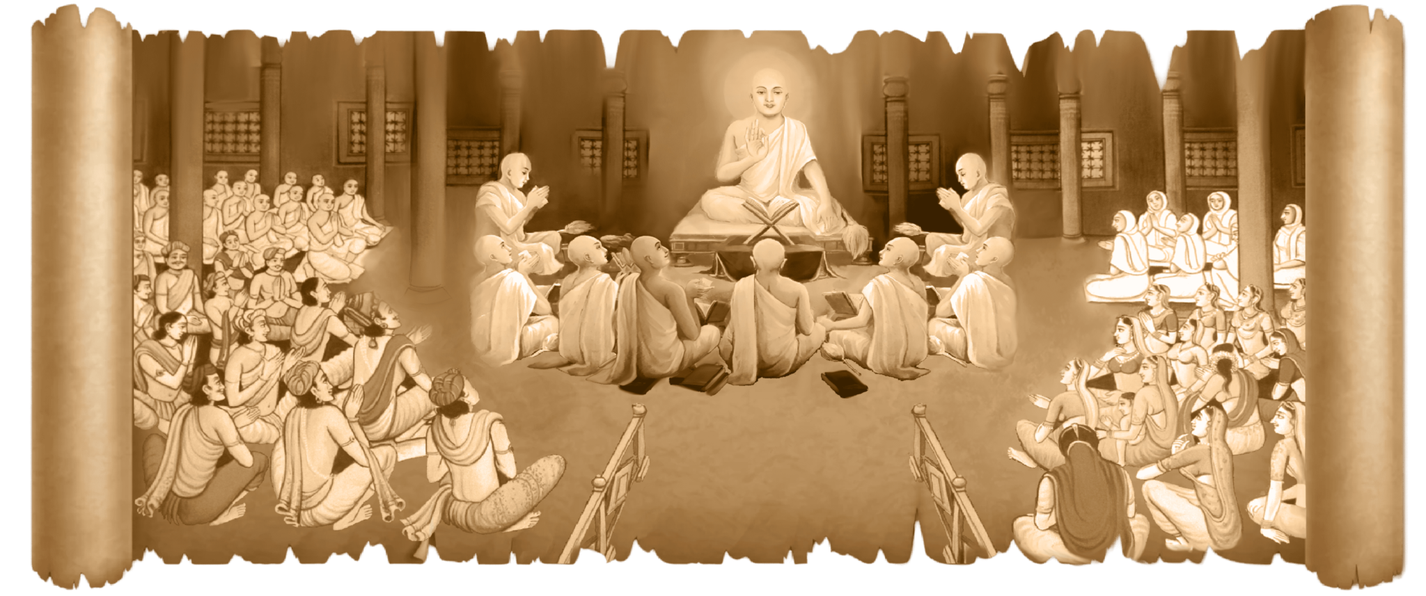 Ancient Jain monk teaching disciples in a spiritual discourse, surrounded by monks and lay followers in a traditional learning hall.